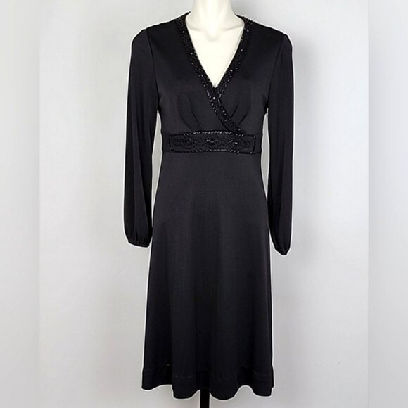 Talbots Dresses & Skirts - Talbots Petites Women's Black Fit & Flare Midi Dress Bead Neckline Waist Size 12